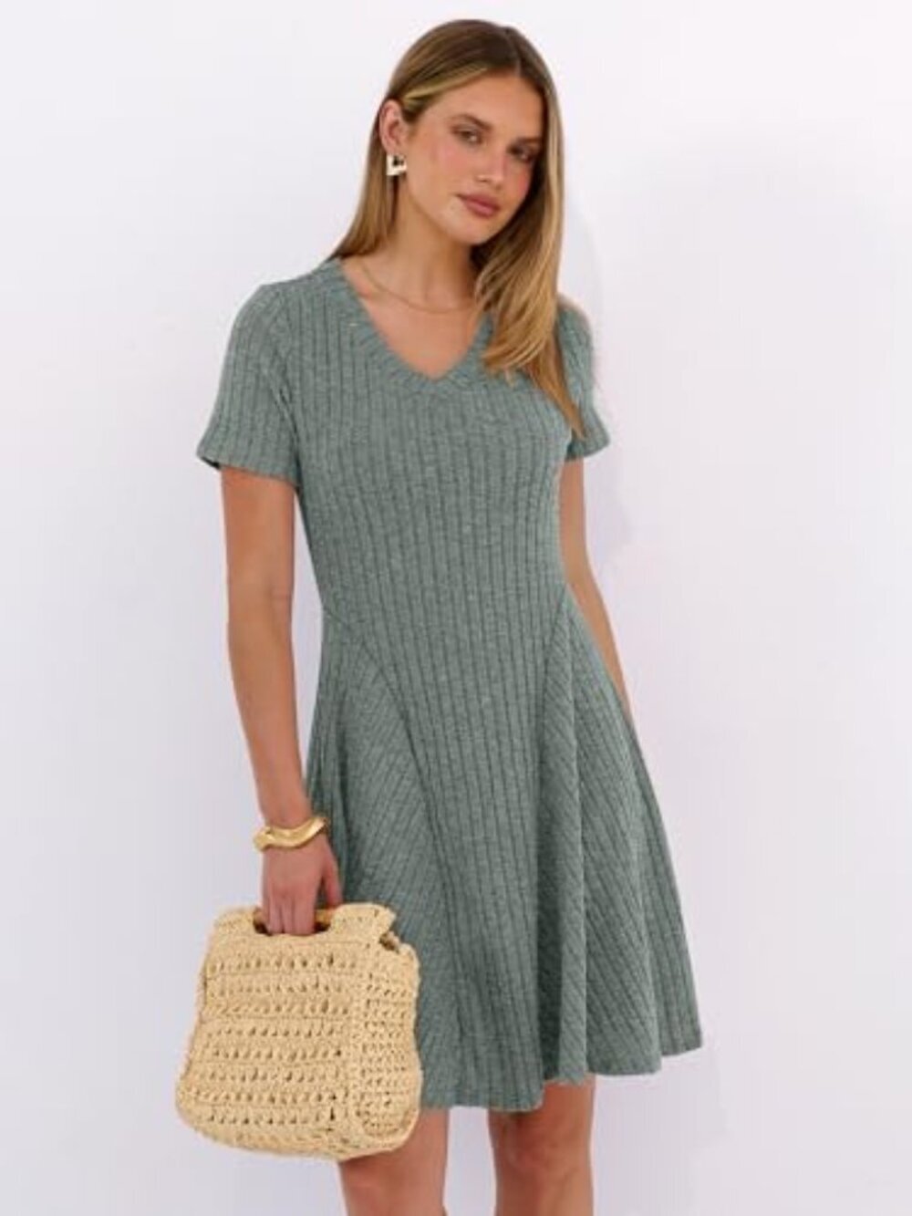 🆕 Womens Summer Dresses Casual Short Sleeve Ribbed Knit V Neck Swing A-Line